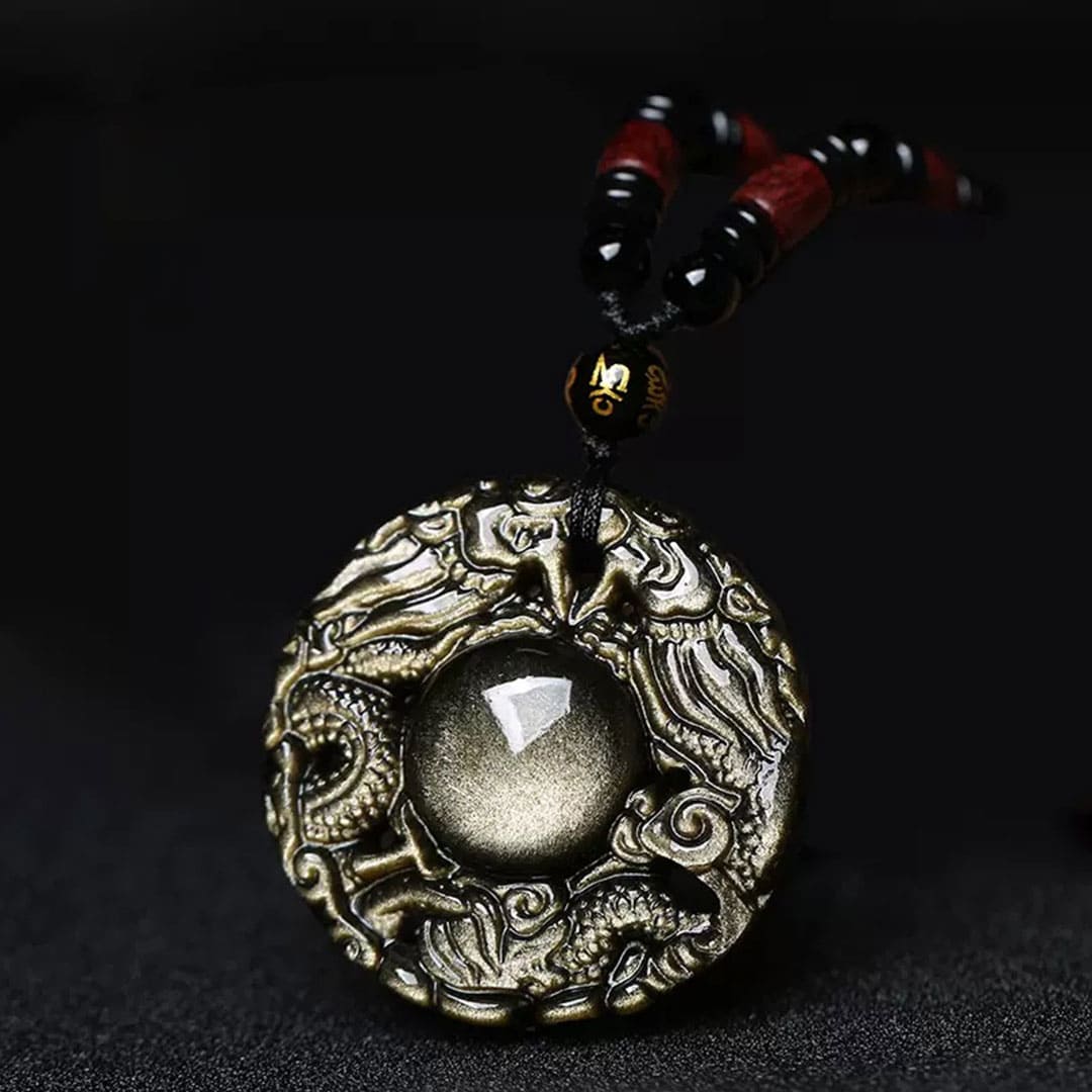 Obsidian Ice Pendant Double Dragon Guardian Necklace for Good Luck