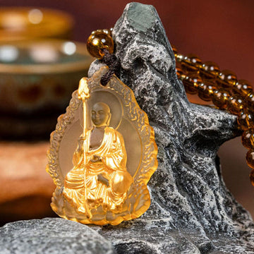 Natural Colored Glaze Hand-Carved Kṣitigarbha Bodhisattva Pendant Necklace