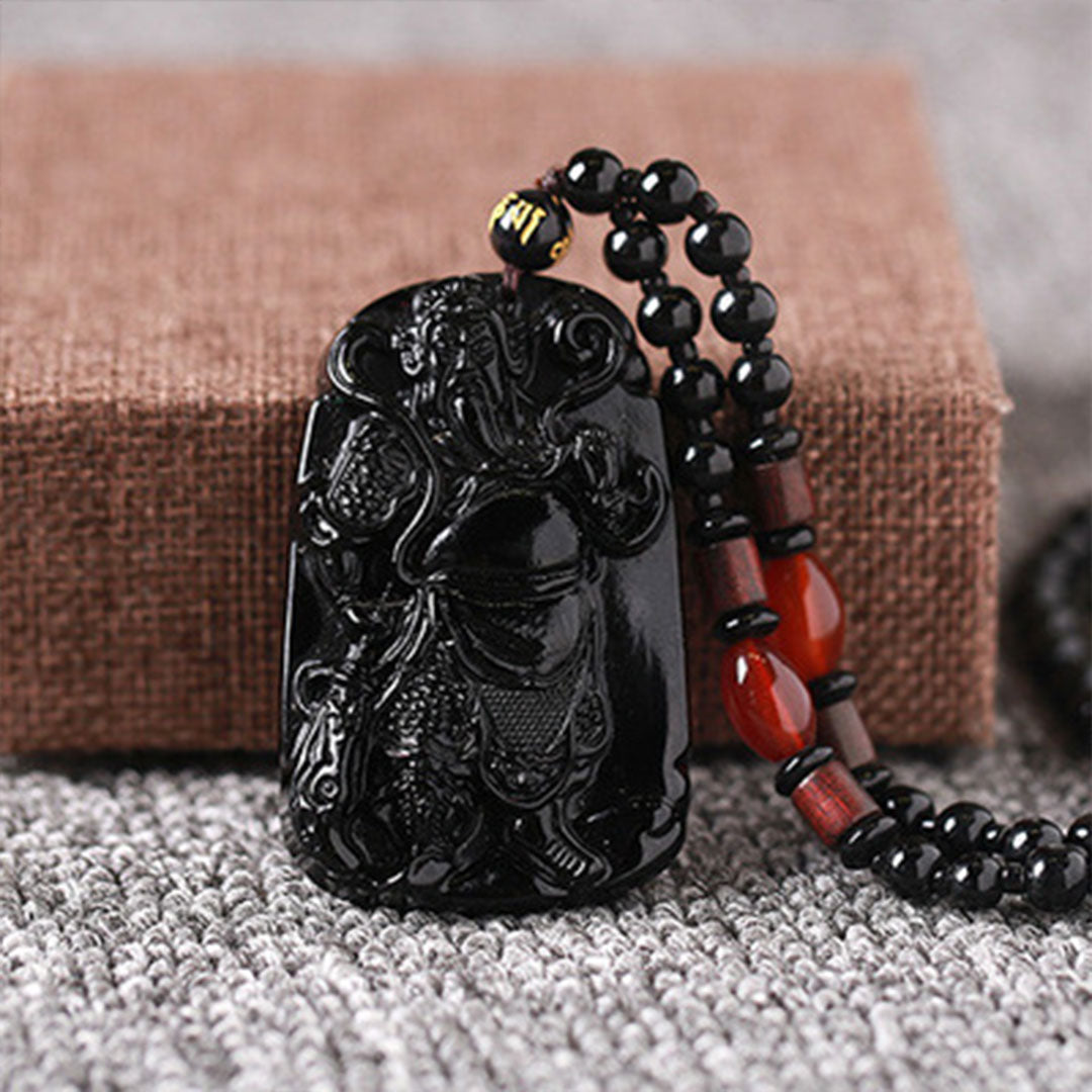 Obsidian God of Wealth Pendant - Protection and Prosperity with Guan Gong