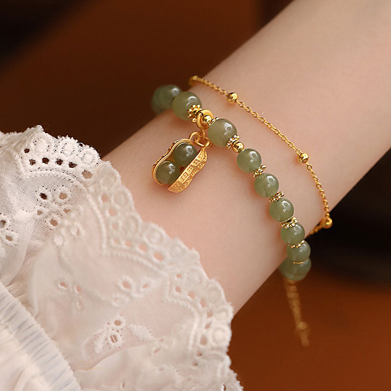 Hetian Greenish-White Jade "Good Fortune" Peanut Bracelet