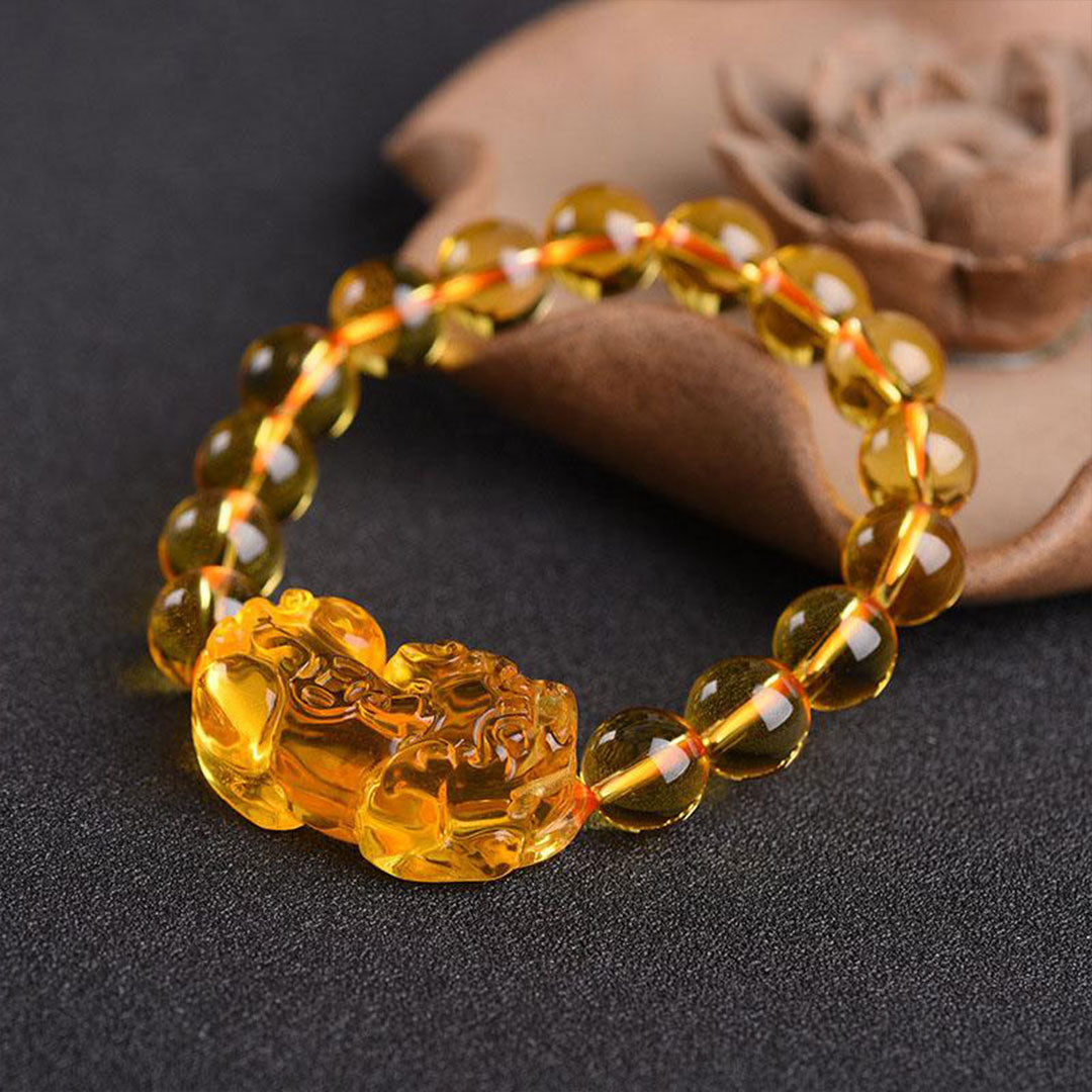 Natural Yellow Citrine Pixiu Bracelet - Feng Shui Wealth and Protection Charm