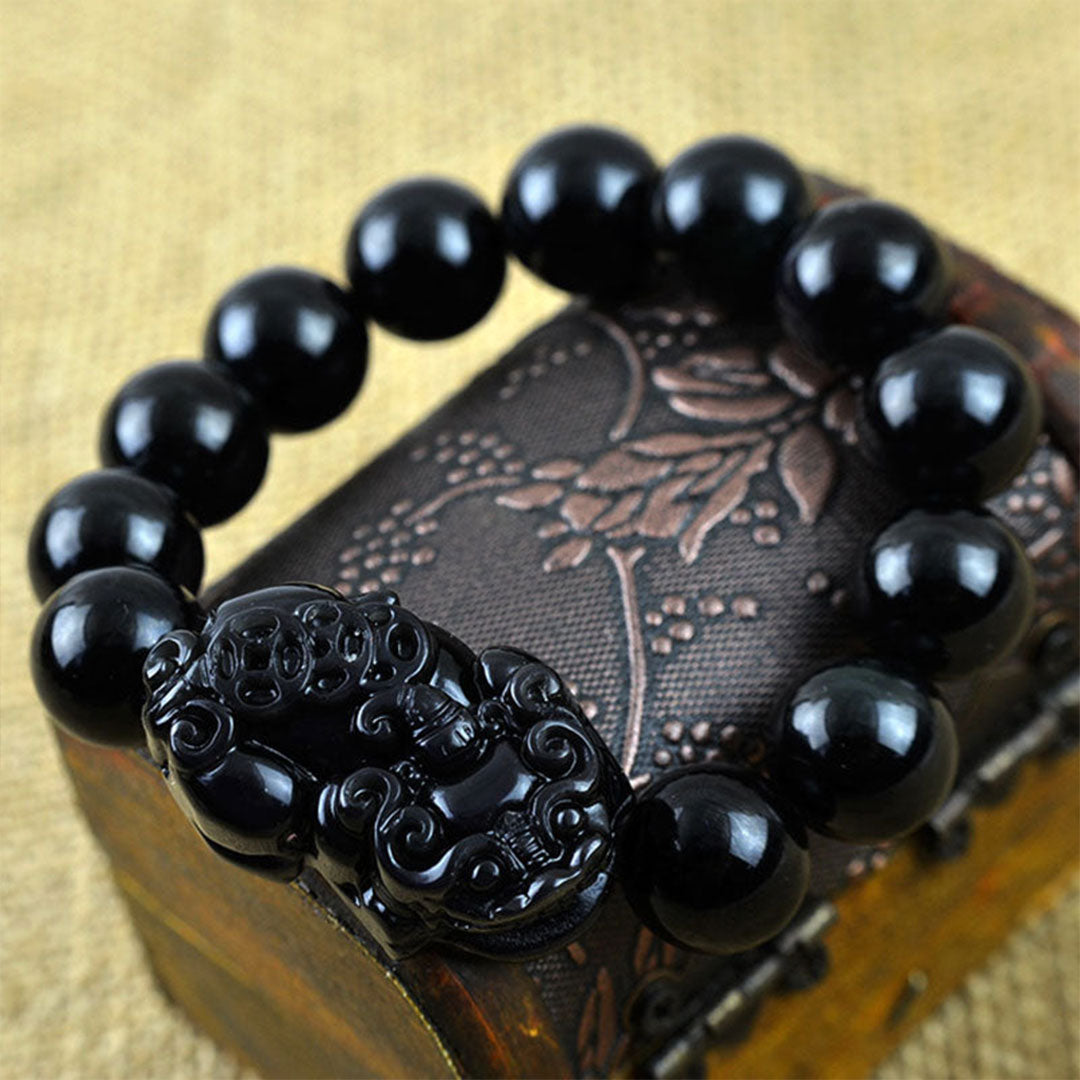 Natural Black Obsidian Pixiu Bracelet - Feng Shui Protection and Wealth Enhancement